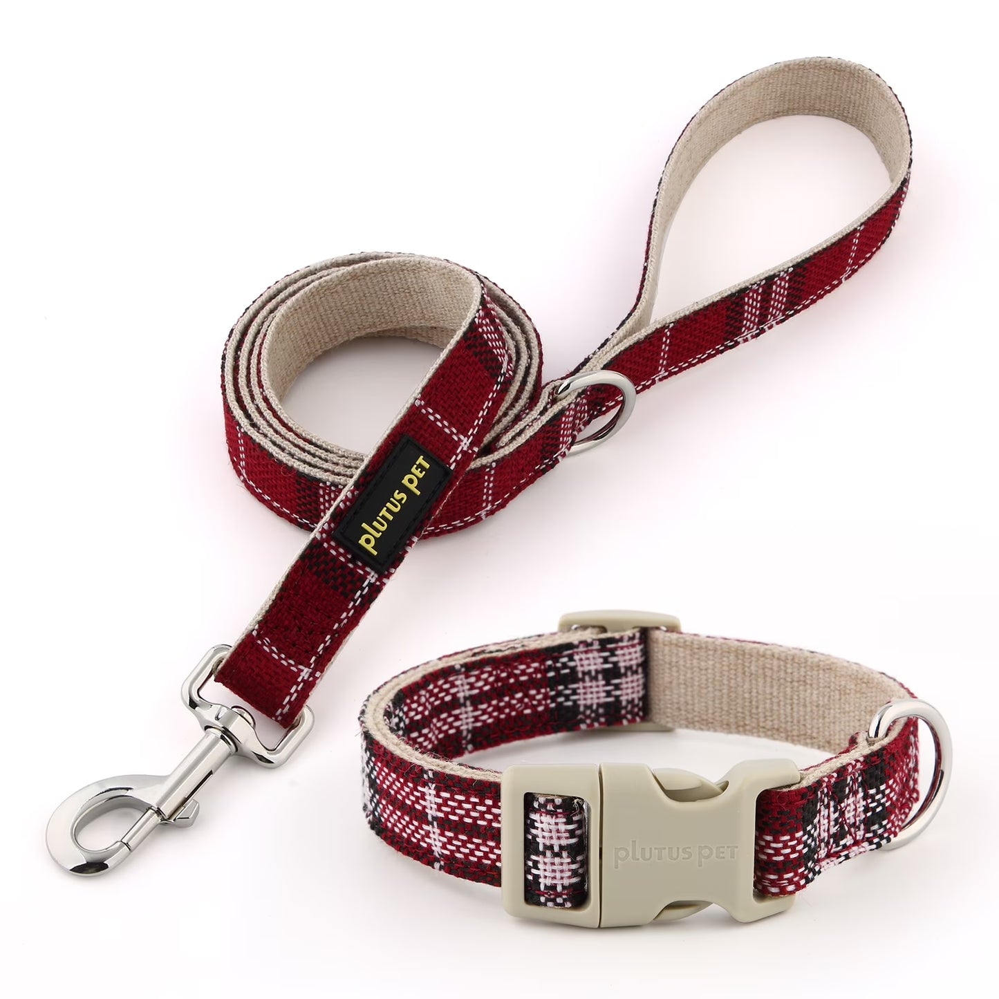 Cotton Hemp Dog Collar and Leash Set, Adjustable Collar for Small, Medium, and Large Dogs, Heavy Duty and Soft on Skin, Red, S