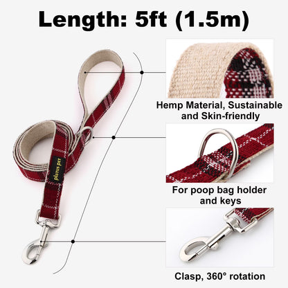 Cotton Hemp Dog Collar and Leash Set, Adjustable Collar for Small, Medium, and Large Dogs, Heavy Duty and Soft on Skin, Red, S