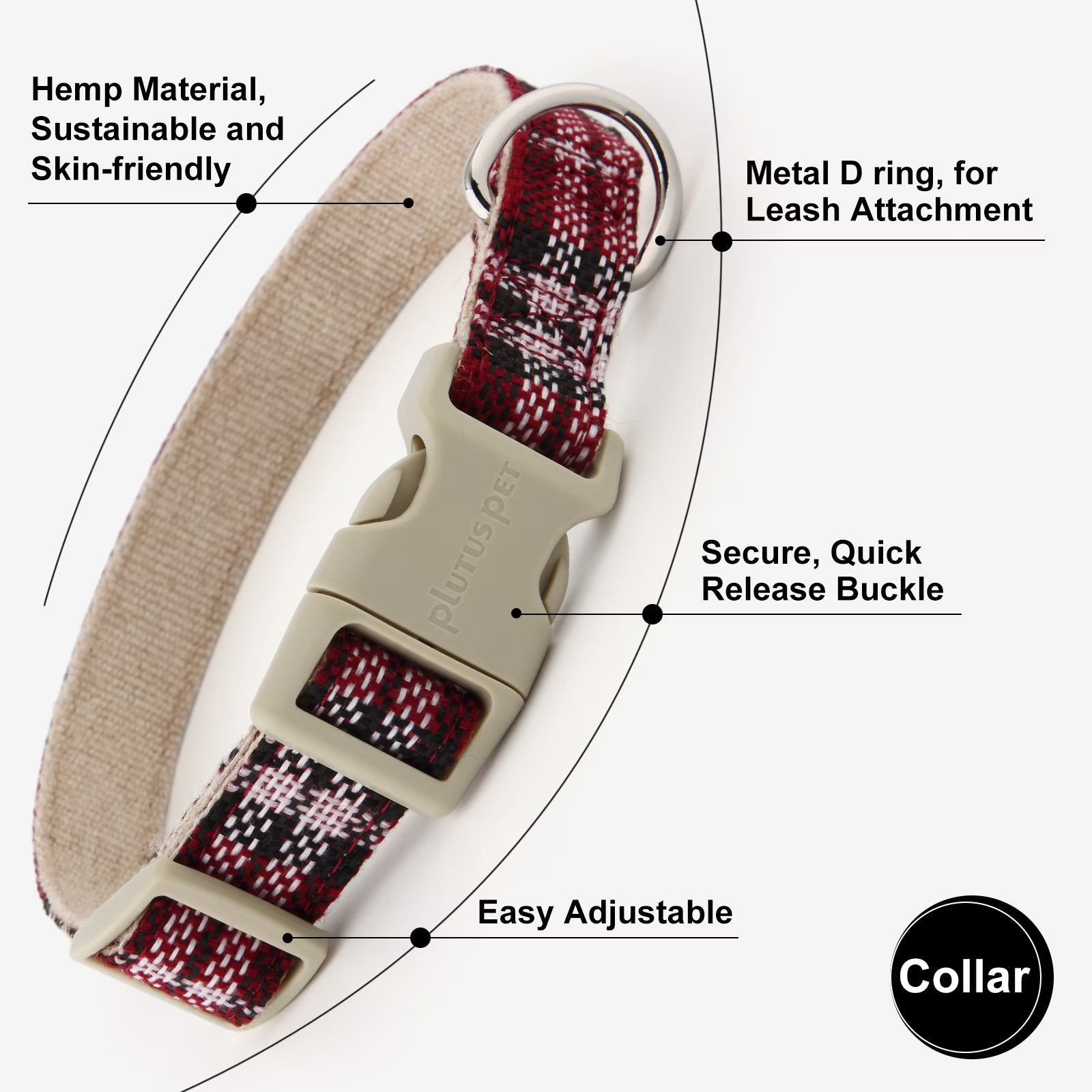Cotton Hemp Dog Collar and Leash Set, Adjustable Collar for Small, Medium, and Large Dogs, Heavy Duty and Soft on Skin, Red, S